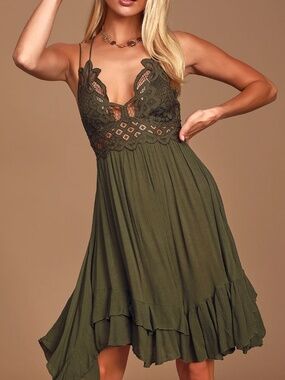 Free People Adella Slip Olive Green Lace Dress